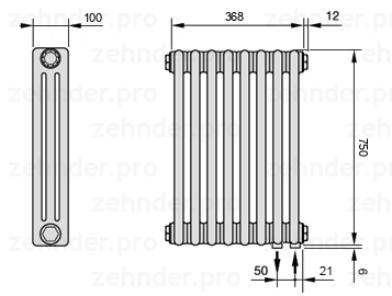 Схема (чертеж) Радиатор Zehnder Charleston 3075/8 №5510 Белый глянцевый RAL 9016